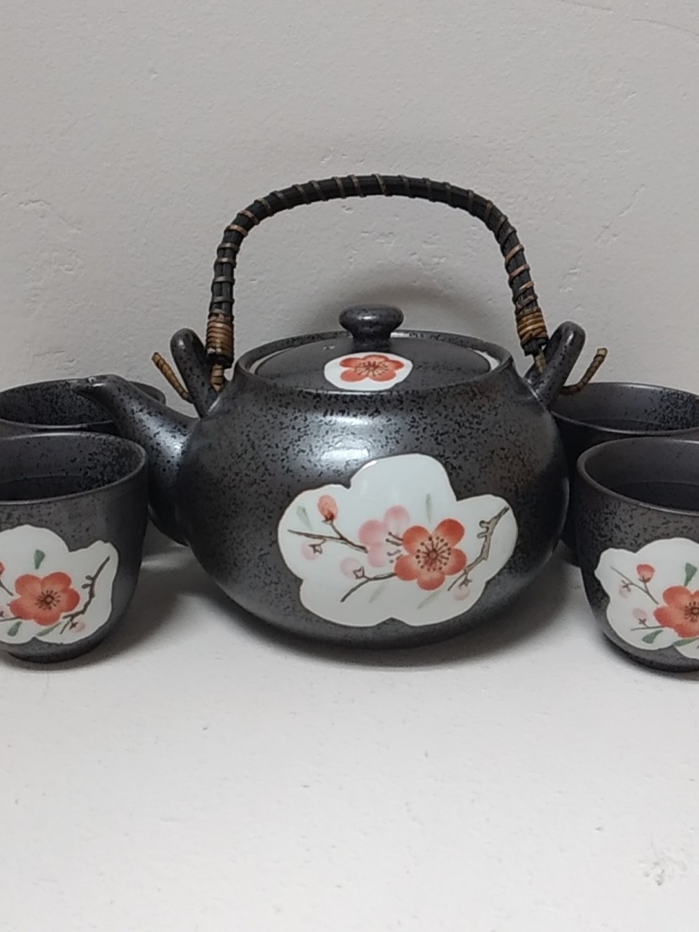 7 Piece Ceramic Teapot Set, Cherry Blossom Floral Accents Cottagecore Cabincore